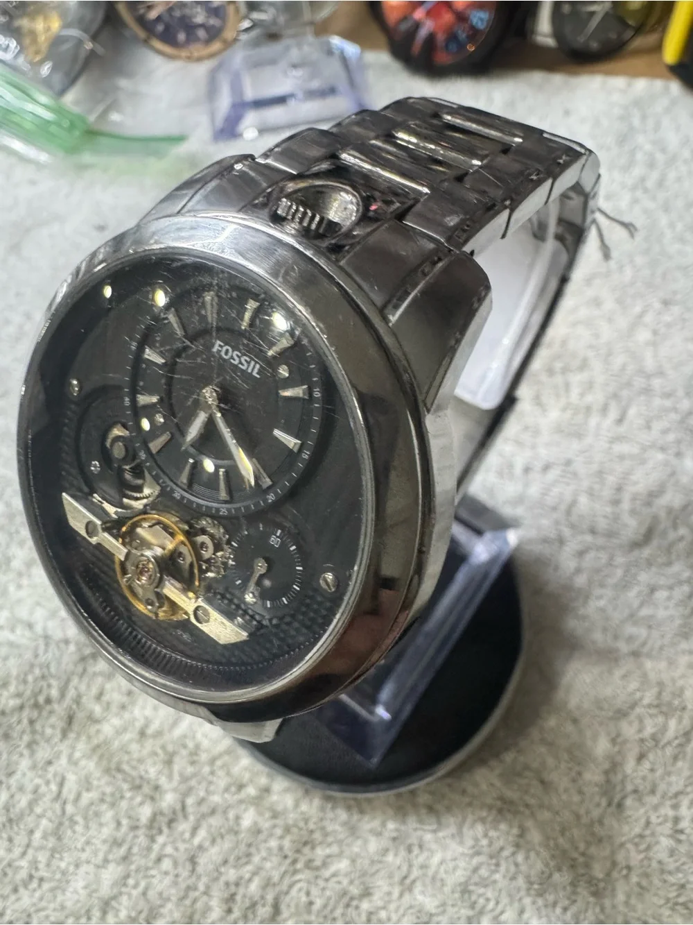 Fossil Black and Silver Open-Heart Automatic Wristwatch